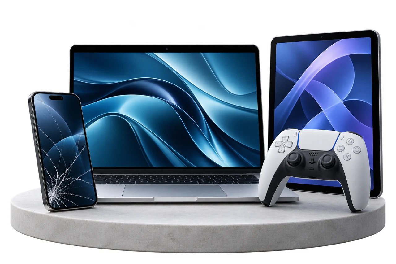 Laptop, tablet, telefoon en controller op een licht podium